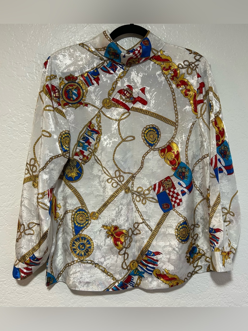 Silky Nautical Chain Print Blouse in White, Gold & Blue Flags